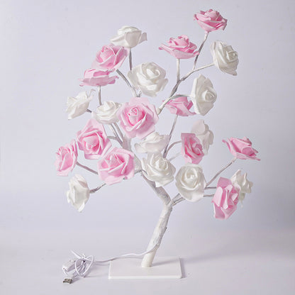 Artificial Rose Flower LED Night Light USB Powered PP+Resin Decorative Lamp with Detachable Base