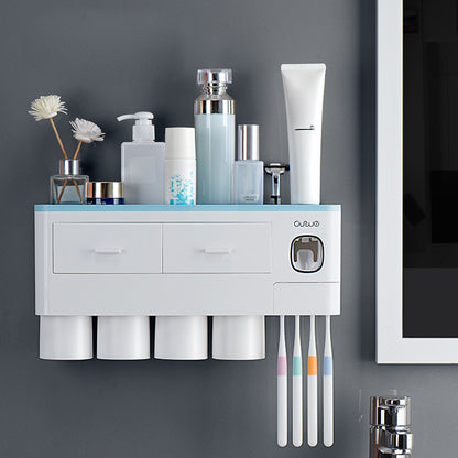 ASWEI A1910 Bathrooms Wall Mounted 4 Cups Toothbrush Holder with Toothpaste Dispenser, Tray, 2 Drawer, 4 Brush Slot