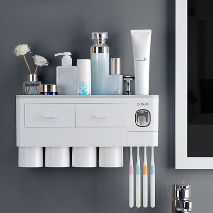 ASWEI A1910 Bathrooms Wall Mounted 4 Cups Toothbrush Holder with Toothpaste Dispenser, Tray, 2 Drawer, 4 Brush Slot