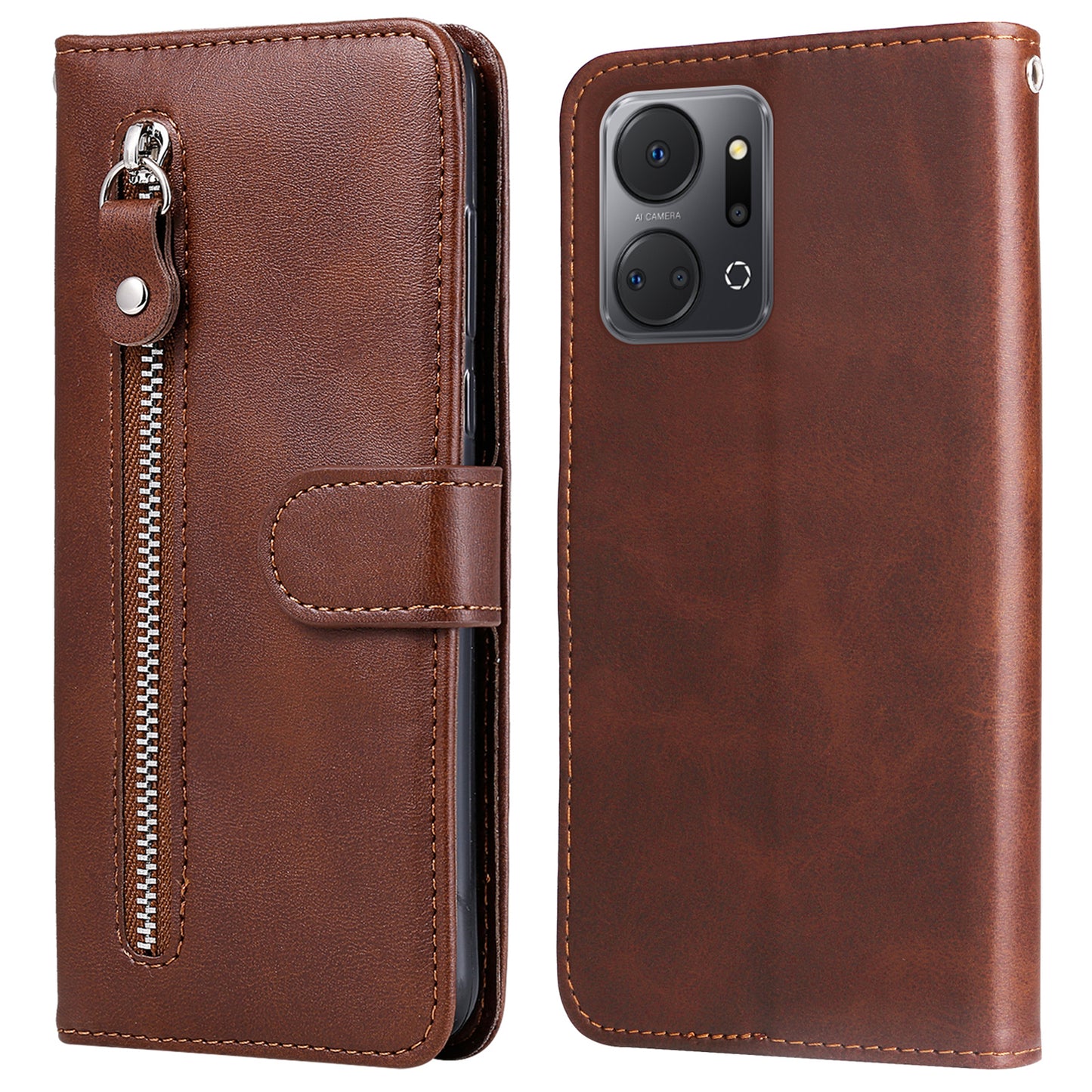 For Honor X7a 5G Zipper Pocket Leather Phone Cover Calf Texture Stand Wallet Phone Case