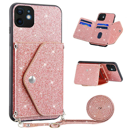 For iPhone 12 mini 5.4 inch Shoulder Strap Phone Case Kickstand Card Holder Cover with Glittery Powder Decor
