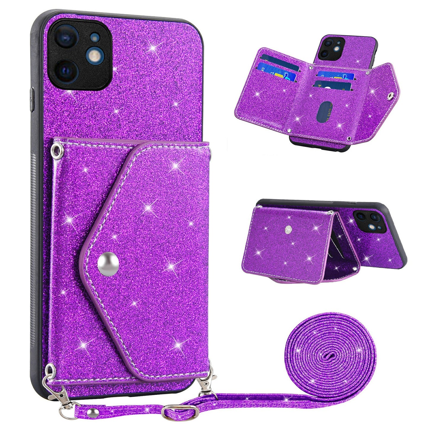 For iPhone 12 mini 5.4 inch Shoulder Strap Phone Case Kickstand Card Holder Cover with Glittery Powder Decor