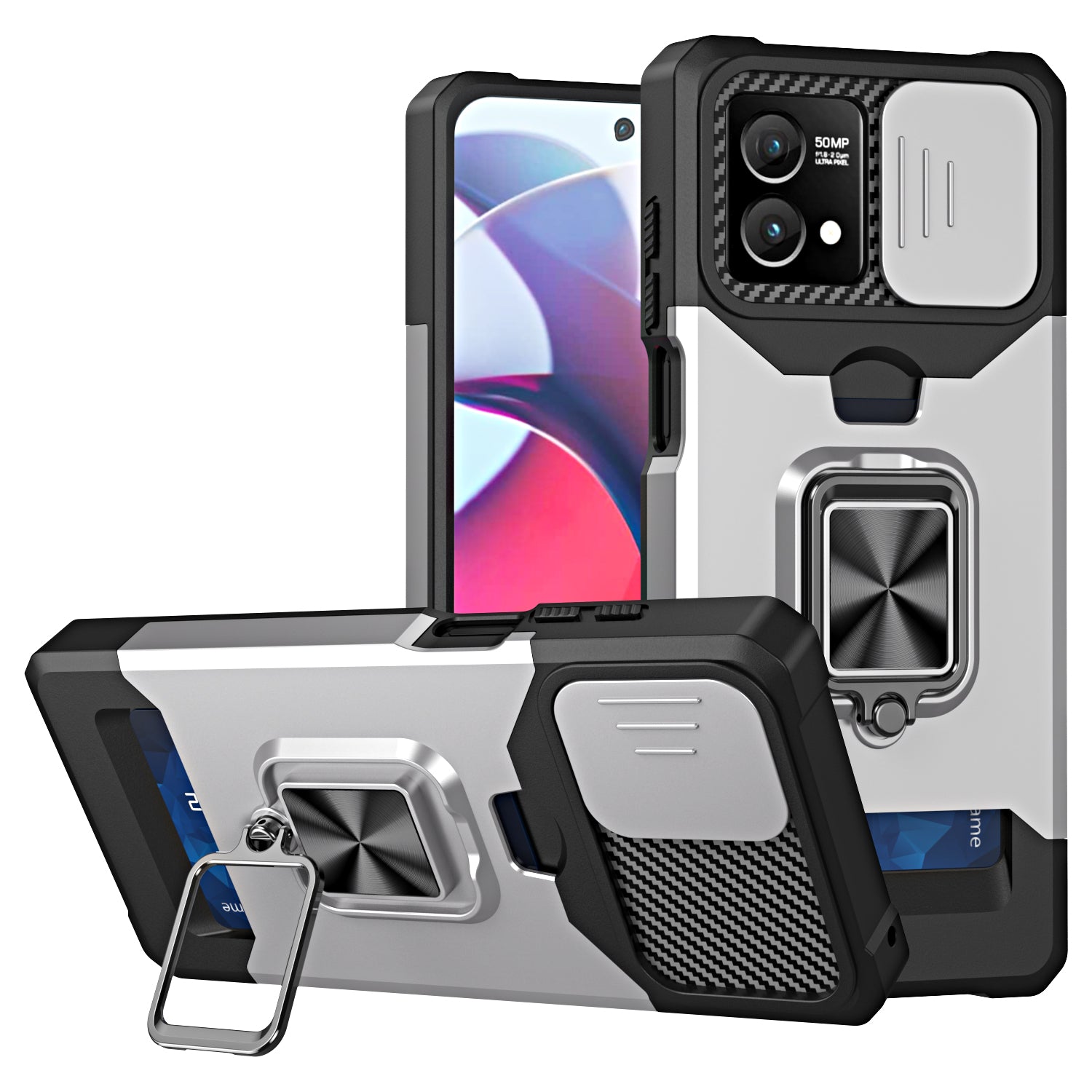 For Motorola Moto G Stylus 5G (2023) PC+TPU Shockproof Cover Card Holder Kickstand Phone Case with Slide Camera Lid