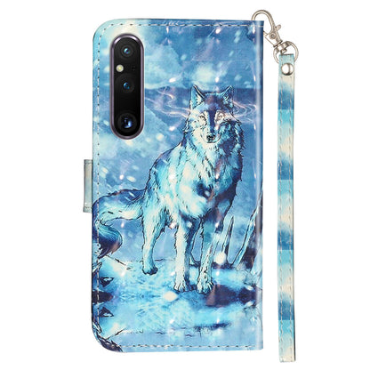 For Sony Xperia 1 V Shockproof PU Leather Wallet Case Folding Stand 3D Pattern Printing Phone Cover with Strap