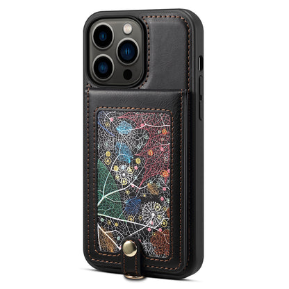 For iPhone 14 Pro Kickstand Phone Case Card Holder Leather Coated TPU Cover with Shoulder Strap