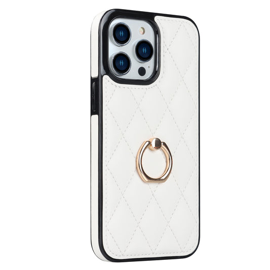 For iPhone 12 Pro Max Anti-Dust PU Leather+TPU Phone Case Stitching Rhombus Ring Holder Kickstand Phone Shell