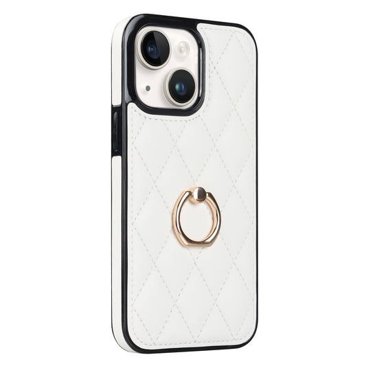 For iPhone 13 mini 5.4 inch Anti-Scratch Phone Cover Stitching Rhombus PU Leather+TPU Phone Case with Ring Holder Kickstand