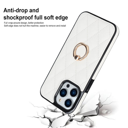 PU Leather+TPU Phone Case for iPhone 13 Pro Max , Stitching Rhombus Ring Holder Kickstand Phone Cover