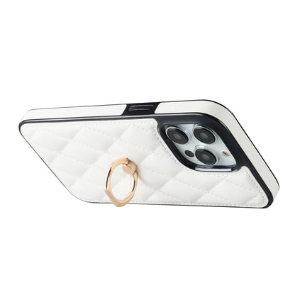 For iPhone 13 Pro 6.1 inch Stitching Rhombus Ring Holder PU Leather+TPU Phone Case Kickstand Phone Cover