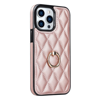 For iPhone 13 Pro 6.1 inch Stitching Rhombus Ring Holder PU Leather+TPU Phone Case Kickstand Phone Cover