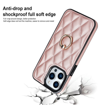 For iPhone 13 Pro 6.1 inch Stitching Rhombus Ring Holder PU Leather+TPU Phone Case Kickstand Phone Cover