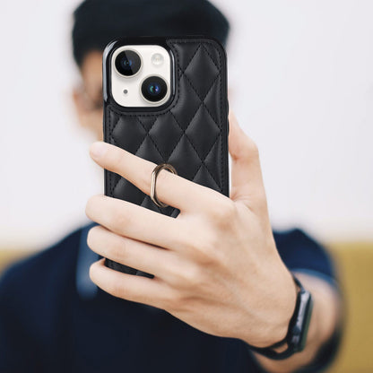 For iPhone 13 6.1 inch PU Leather+TPU Phone Case Stitching Rhombus Ring Holder Kickstand Phone Cover
