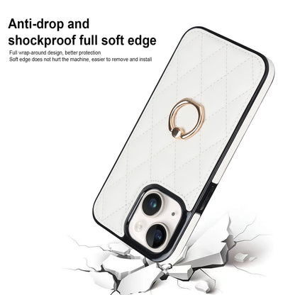 For iPhone 13 6.1 inch PU Leather+TPU Phone Case Stitching Rhombus Ring Holder Kickstand Phone Cover