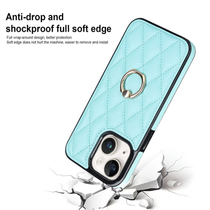 For iPhone 13 6.1 inch PU Leather+TPU Phone Case Stitching Rhombus Ring Holder Kickstand Phone Cover