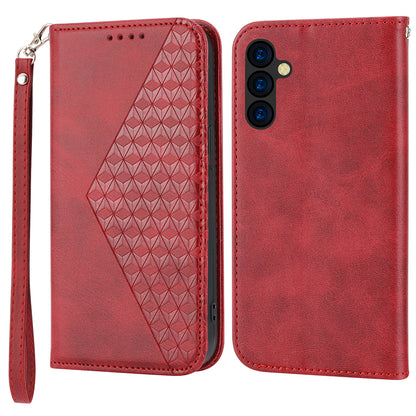 For Samsung Galaxy M14 5G Imprinted Rhombus Pattern Phone Shell Calf Texture PU Leather Stand Phone Case