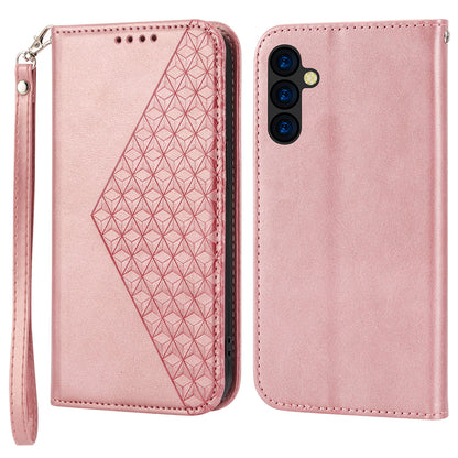 For Samsung Galaxy M14 5G Imprinted Rhombus Pattern Phone Shell Calf Texture PU Leather Stand Phone Case