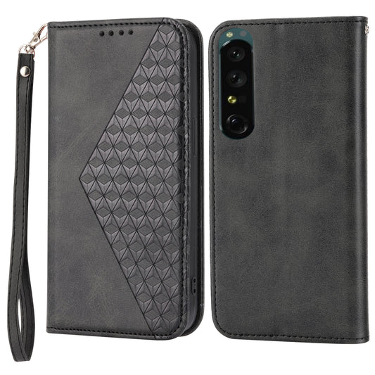 Calf Texture Phone Case for Sony Xperia 1 V , Imprinted Rhombus Pattern PU Leather Stand Phone Cover