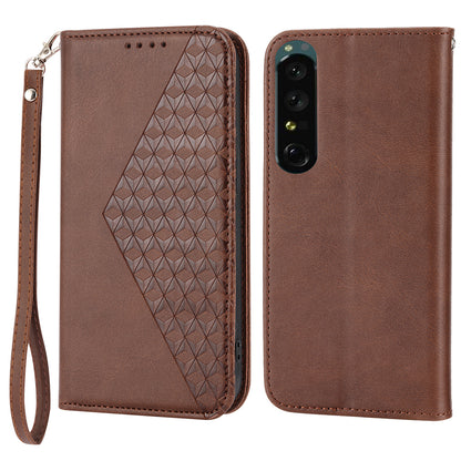 Calf Texture Phone Case for Sony Xperia 1 V , Imprinted Rhombus Pattern PU Leather Stand Phone Cover
