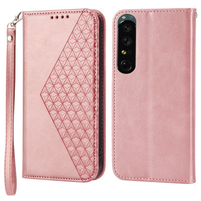 Calf Texture Phone Case for Sony Xperia 1 V , Imprinted Rhombus Pattern PU Leather Stand Phone Cover
