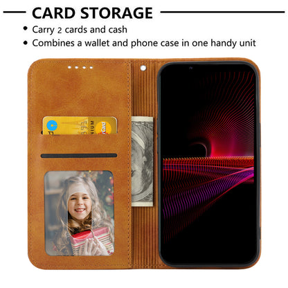 Calf Texture Phone Case for Sony Xperia 1 V , Imprinted Rhombus Pattern PU Leather Stand Phone Cover