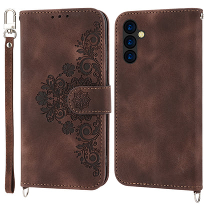 Wallet Phone Case for Samsung Galaxy M14 5G Imprinted Flower Skin-Touch Leather Cover with Strap