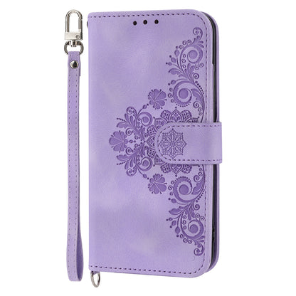 Wallet Phone Case for Samsung Galaxy M14 5G Imprinted Flower Skin-Touch Leather Cover with Strap