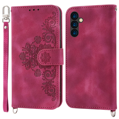 Wallet Phone Case for Samsung Galaxy M14 5G Imprinted Flower Skin-Touch Leather Cover with Strap