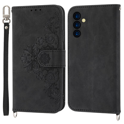Wallet Phone Case for Samsung Galaxy M14 5G Imprinted Flower Skin-Touch Leather Cover with Strap
