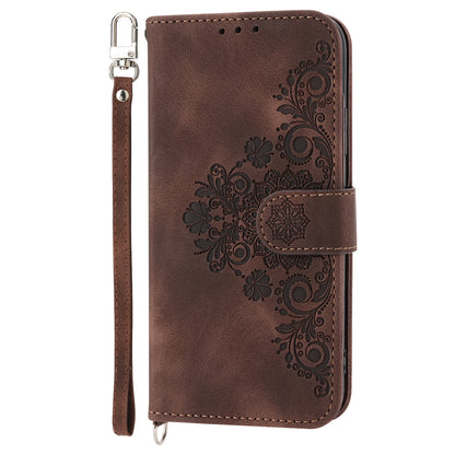 Flower Imprinted Phone Shell for Samsung Galaxy A24 4G Anti-Drop Phone Case Skin-Touch Leather Cover with Strap