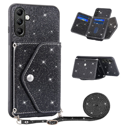 For Samsung Galaxy M13 4G / M23 5G / F23 5G Card Holder Phone Case Triangle Kickstand PU Leather+TPU Glittery Powder Shell