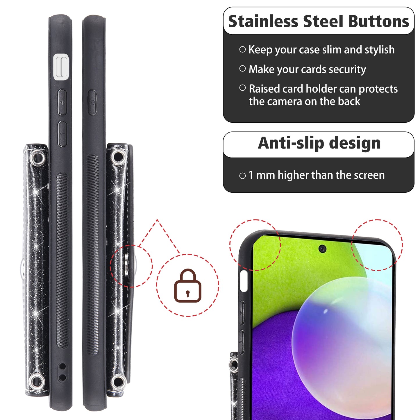 For Samsung Galaxy A53 5G Card Holder Phone Case Kickstand PU Leather Coated TPU Glitter Phone Cover