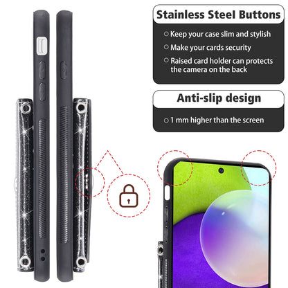 For Samsung Galaxy A53 5G Card Holder Phone Case Kickstand PU Leather Coated TPU Glitter Phone Cover