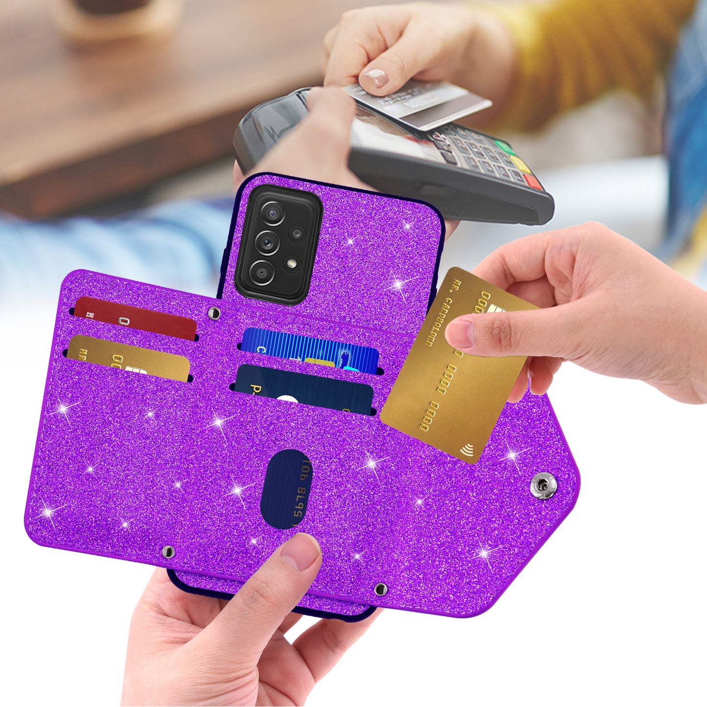 For Samsung Galaxy A53 5G Card Holder Phone Case Kickstand PU Leather Coated TPU Glitter Phone Cover