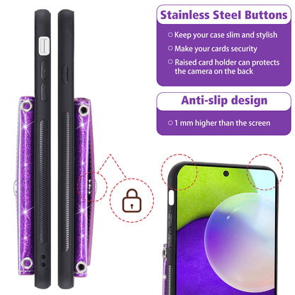 For Samsung Galaxy A53 5G Card Holder Phone Case Kickstand PU Leather Coated TPU Glitter Phone Cover