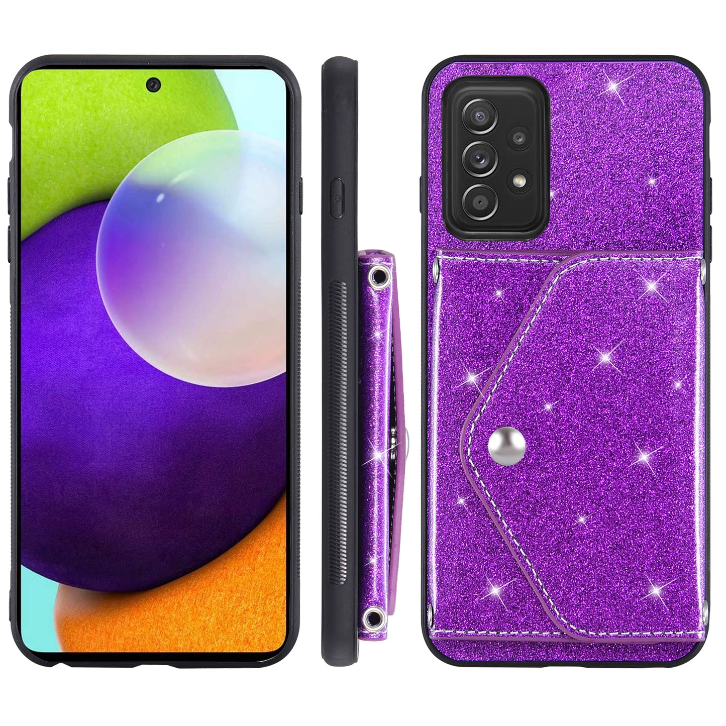 For Samsung Galaxy A53 5G Card Holder Phone Case Kickstand PU Leather Coated TPU Glitter Phone Cover