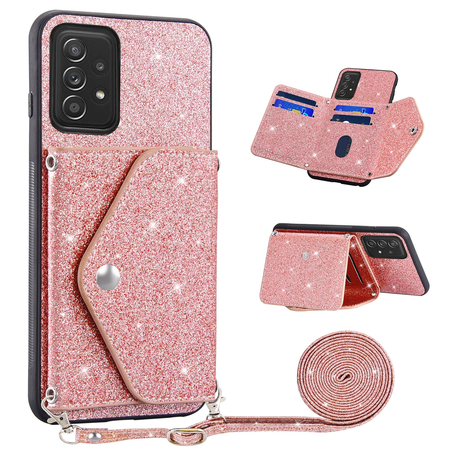 For Samsung Galaxy A53 5G Card Holder Phone Case Kickstand PU Leather Coated TPU Glitter Phone Cover