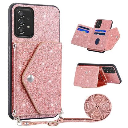 For Samsung Galaxy A53 5G Card Holder Phone Case Kickstand PU Leather Coated TPU Glitter Phone Cover
