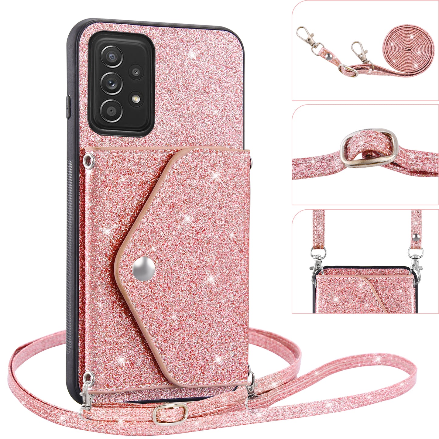 For Samsung Galaxy A53 5G Card Holder Phone Case Kickstand PU Leather Coated TPU Glitter Phone Cover