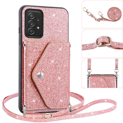 For Samsung Galaxy A53 5G Card Holder Phone Case Kickstand PU Leather Coated TPU Glitter Phone Cover