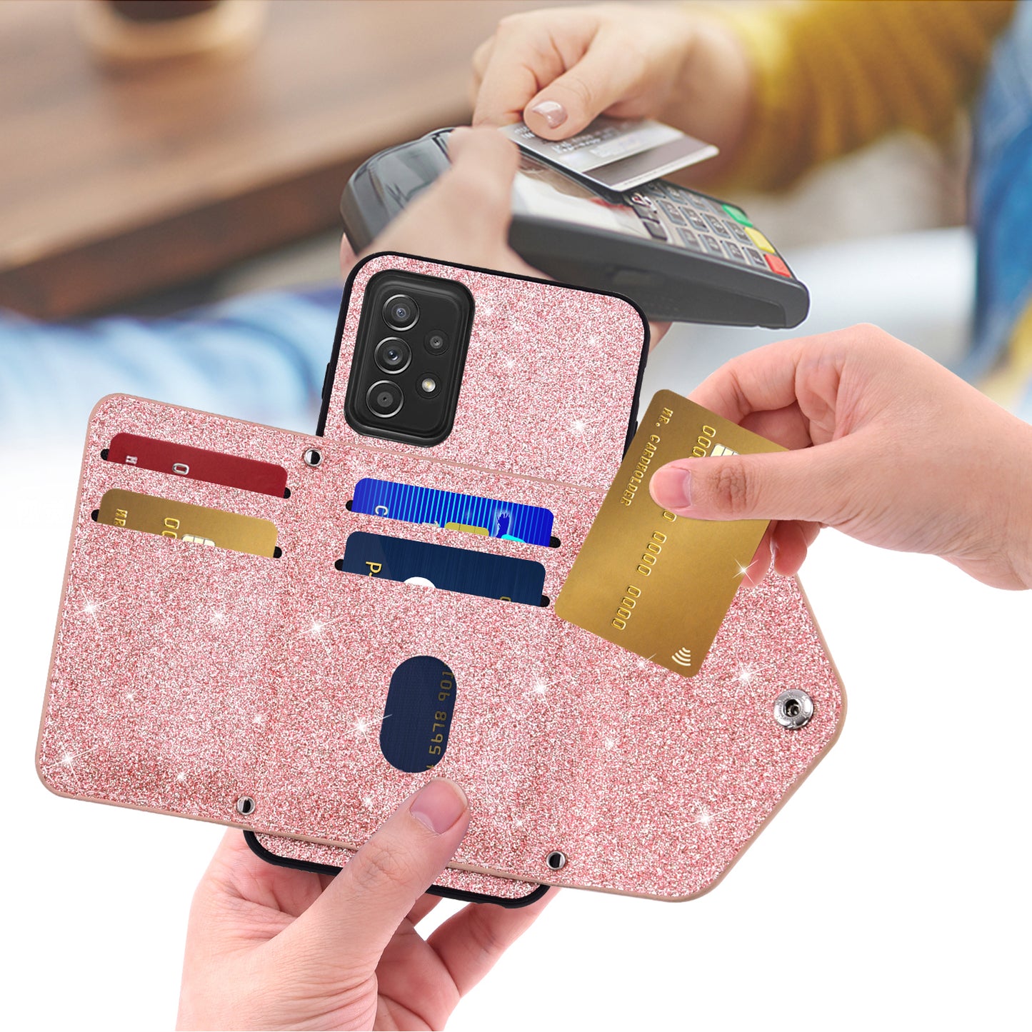 For Samsung Galaxy A53 5G Card Holder Phone Case Kickstand PU Leather Coated TPU Glitter Phone Cover