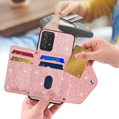 For Samsung Galaxy A53 5G Card Holder Phone Case Kickstand PU Leather Coated TPU Glitter Phone Cover