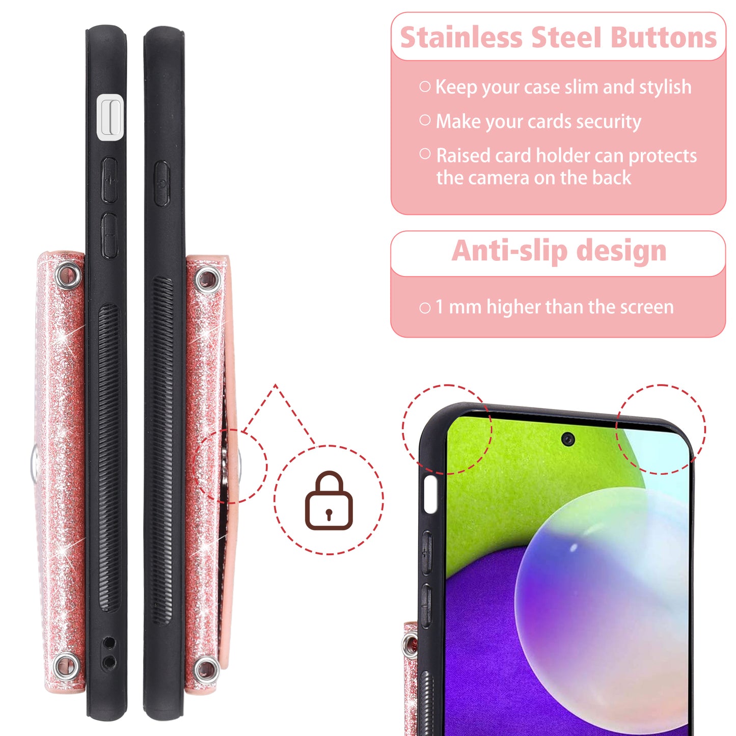 For Samsung Galaxy A53 5G Card Holder Phone Case Kickstand PU Leather Coated TPU Glitter Phone Cover