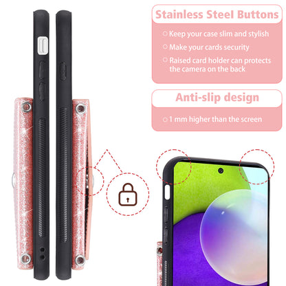 For Samsung Galaxy A53 5G Card Holder Phone Case Kickstand PU Leather Coated TPU Glitter Phone Cover