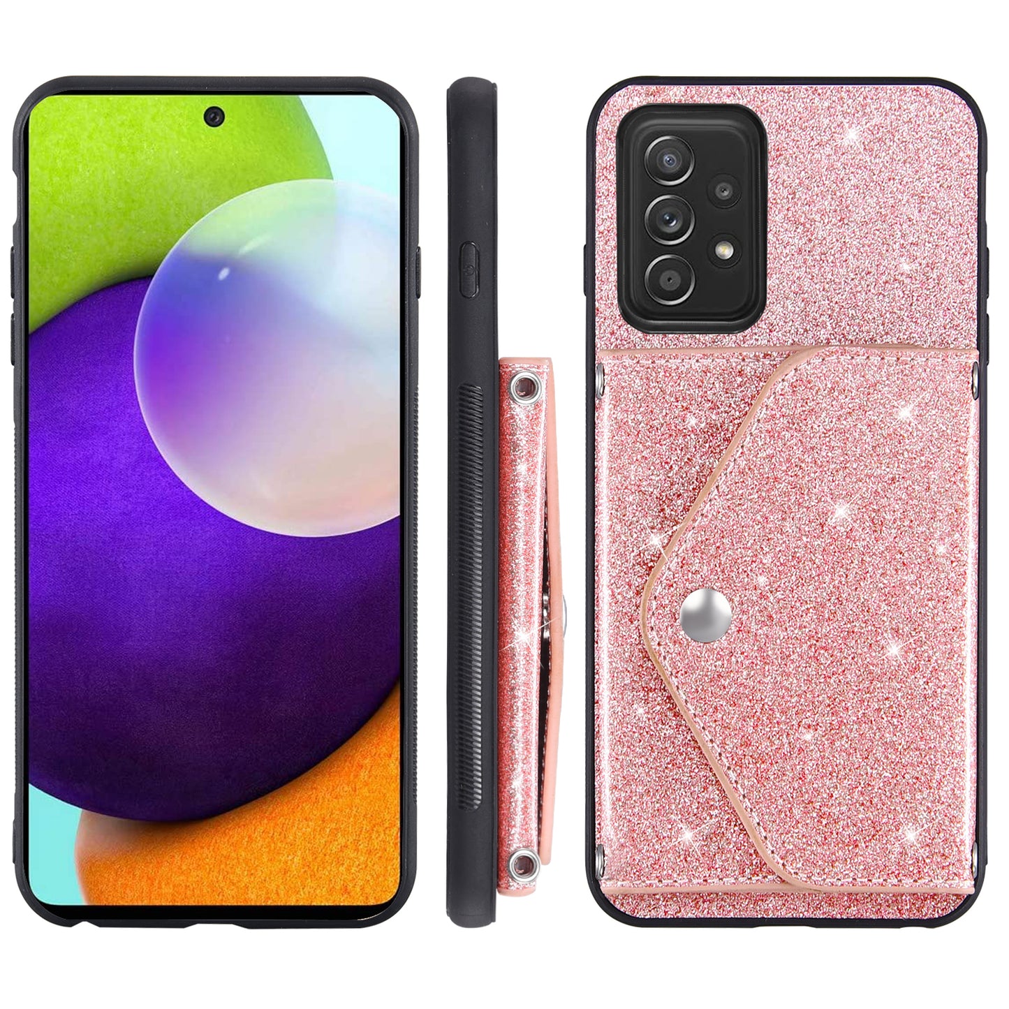 For Samsung Galaxy A53 5G Card Holder Phone Case Kickstand PU Leather Coated TPU Glitter Phone Cover