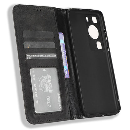 Phone Stand Cover for Huawei P60 / P60 Pro Magnetic Retro PU Leather Cell Phone Wallet Case