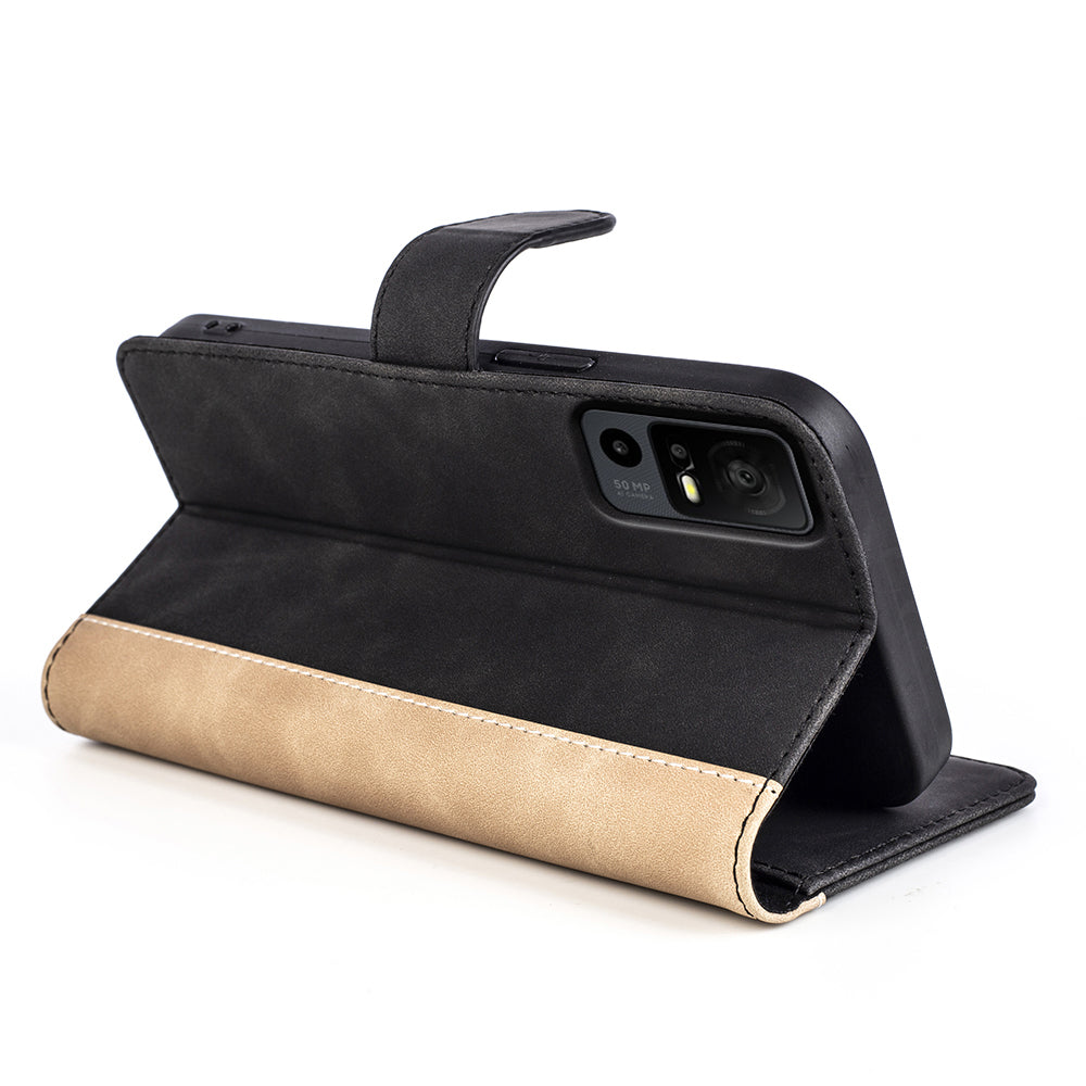 Dual Color Phone Shell for TCL 40R 5G , Splicing Leather Wallet Anti-drop Cover Flip Stand Phone Case