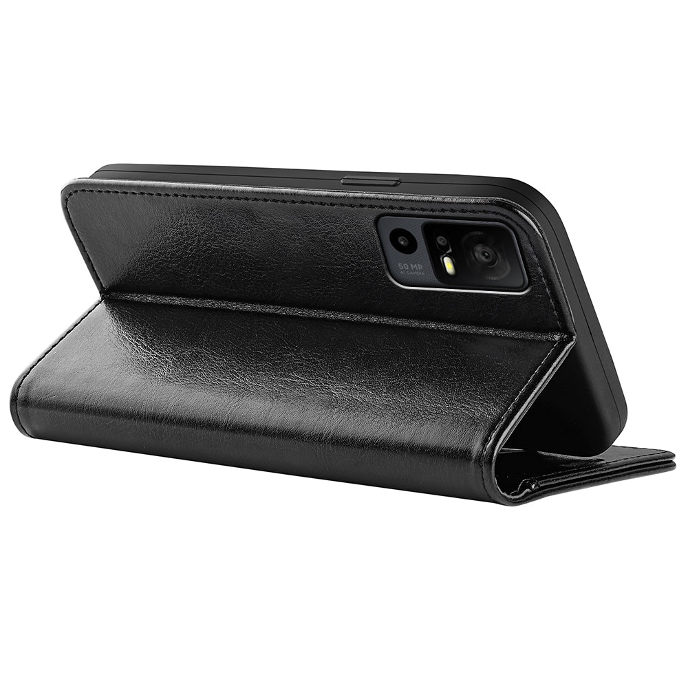For TCL 40R 5G Anti-Dust Crazy Horse Texture Phone Case PU Leather Wallet Flip Stand Cover