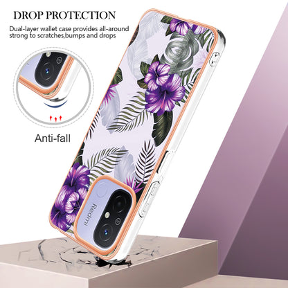 YB IMD Series-1 for Xiaomi Redmi 12C 4G / Redmi 11A 4G Phone TPU Case Marble Floral Pattern IMD Electroplating Cover