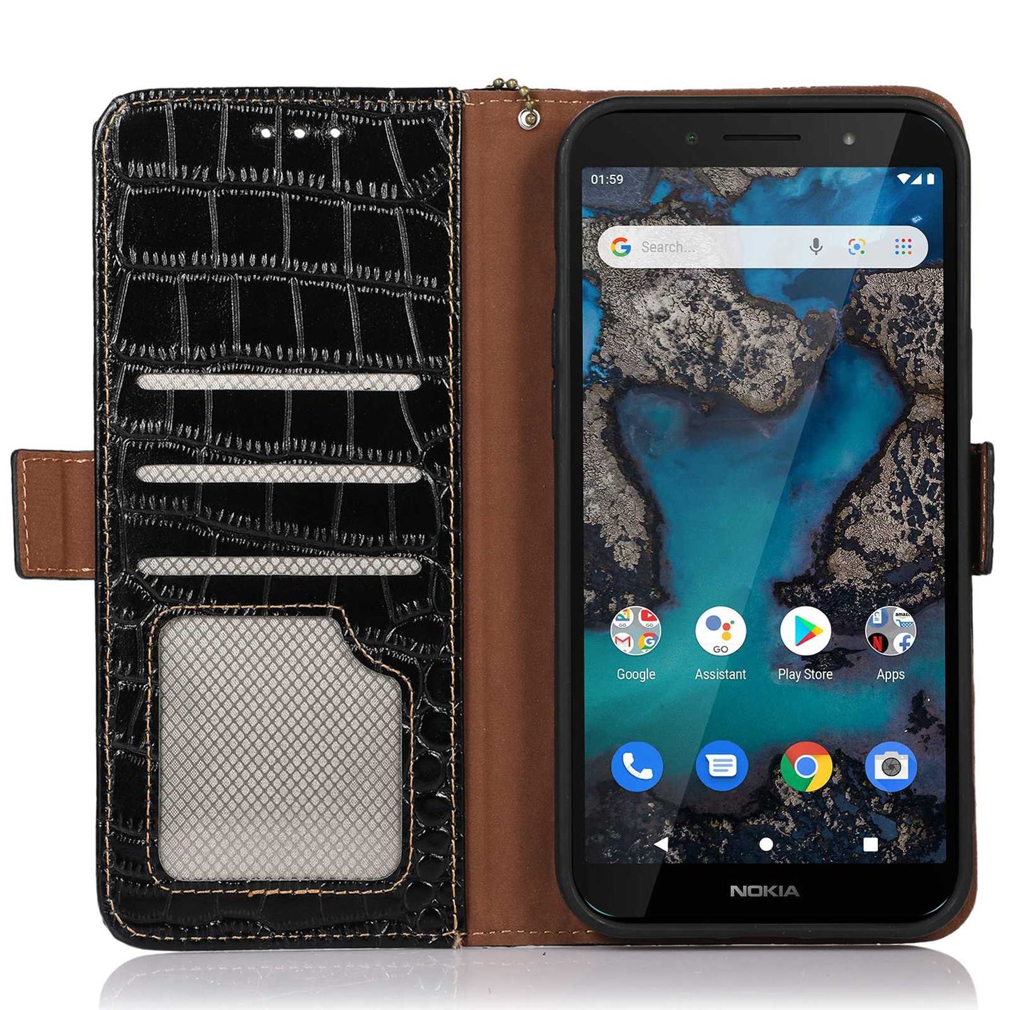 For Nokia G22 RFID Blocking Wallet Phone Case Crocodile Texture Genuine Cow Leather Stand Cover