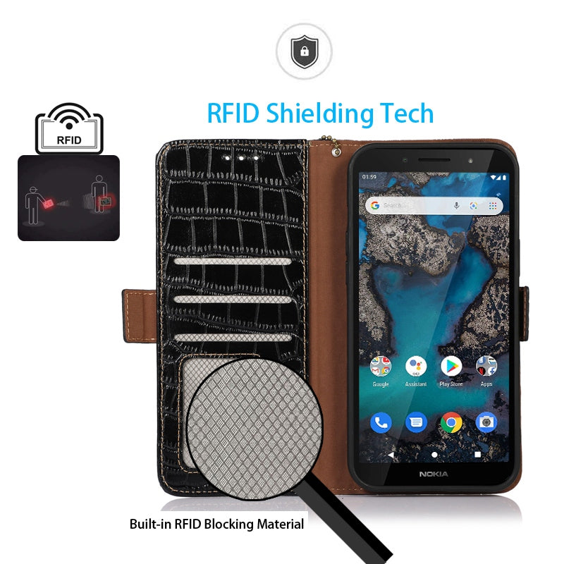 For Nokia G22 RFID Blocking Wallet Phone Case Crocodile Texture Genuine Cow Leather Stand Cover